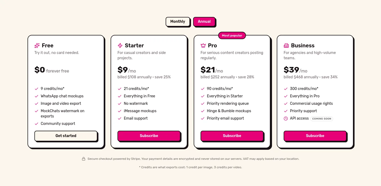 mockchats.com Pricing section