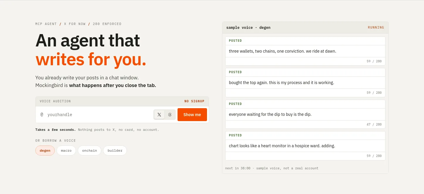 mockingbirdapp.xyz — a real Hero section