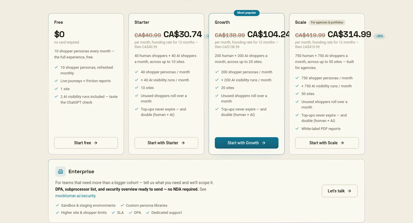 mocktomer.ai — a real Pricing section