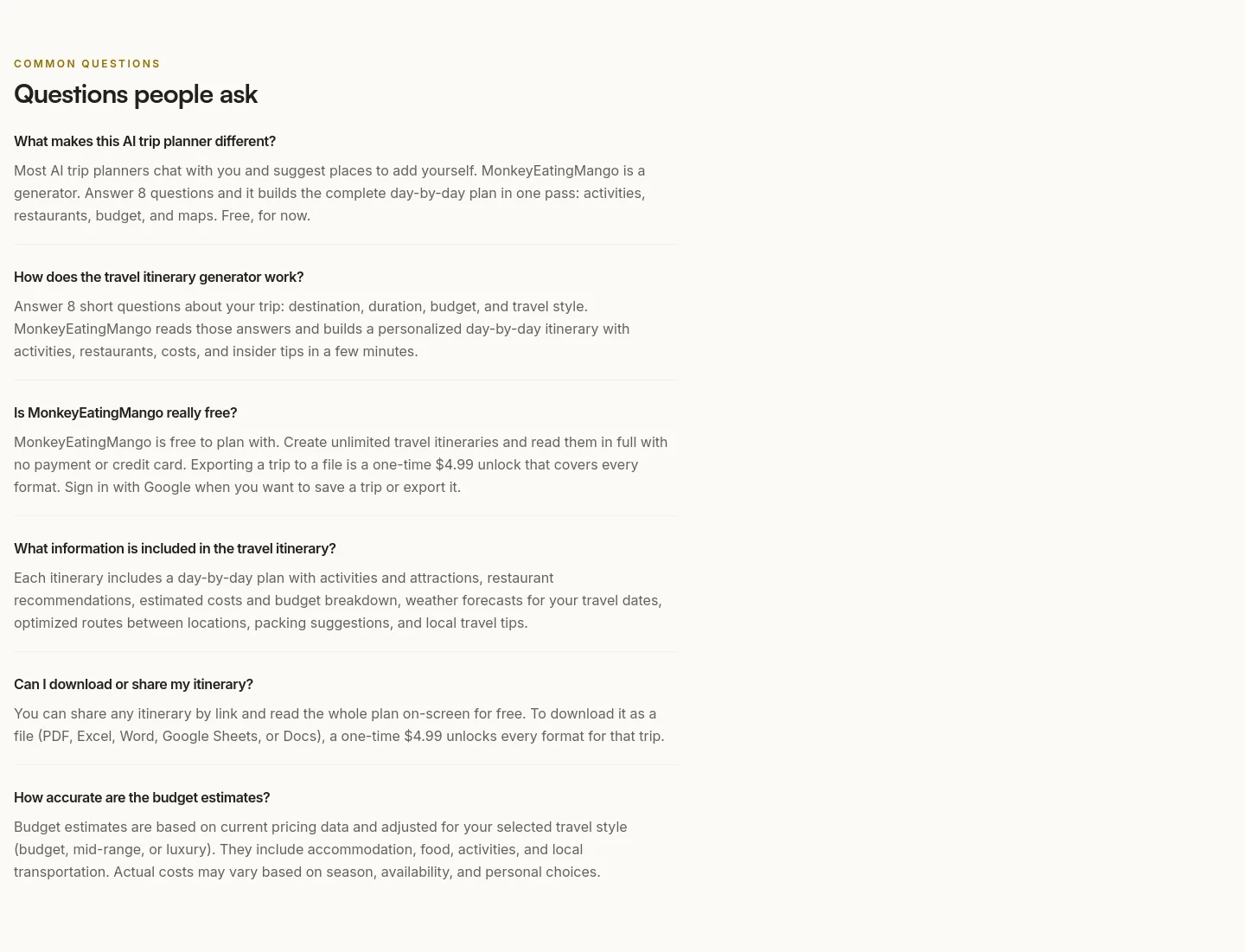 monkeyeatingmango.com — a real FAQ section