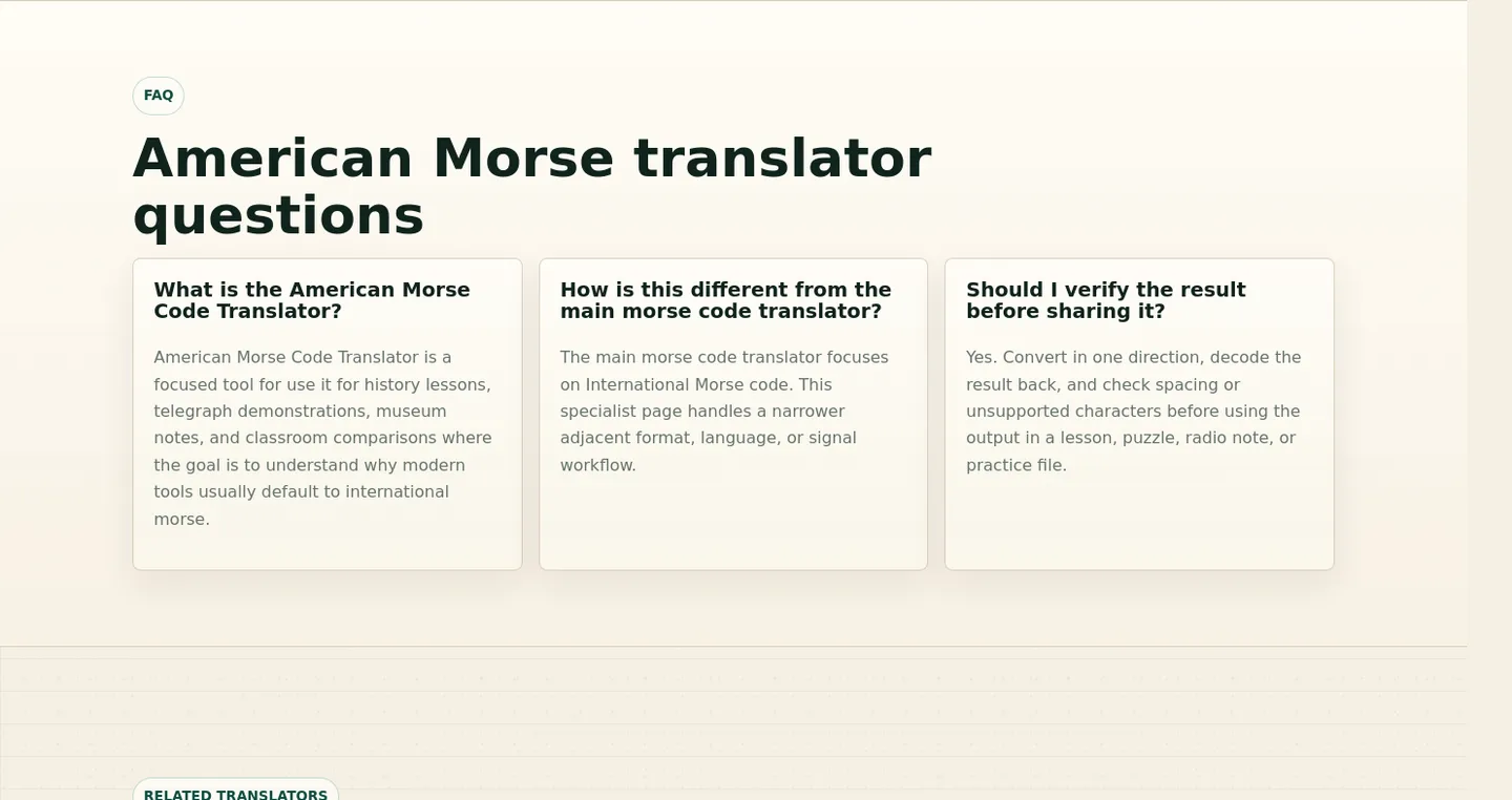 morsecodetranslator.run — a real FAQ section