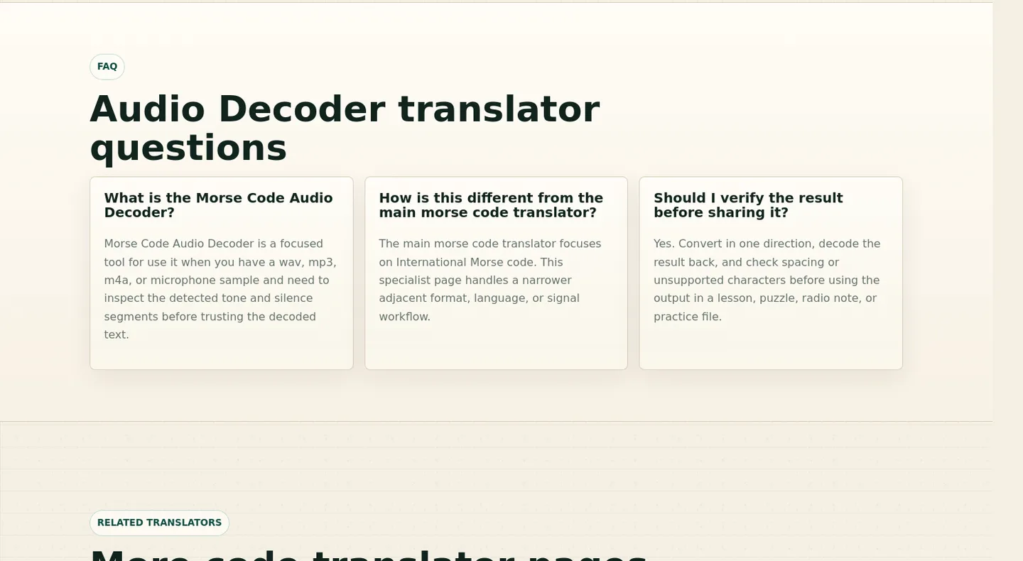morsecodetranslator.run — a real FAQ section