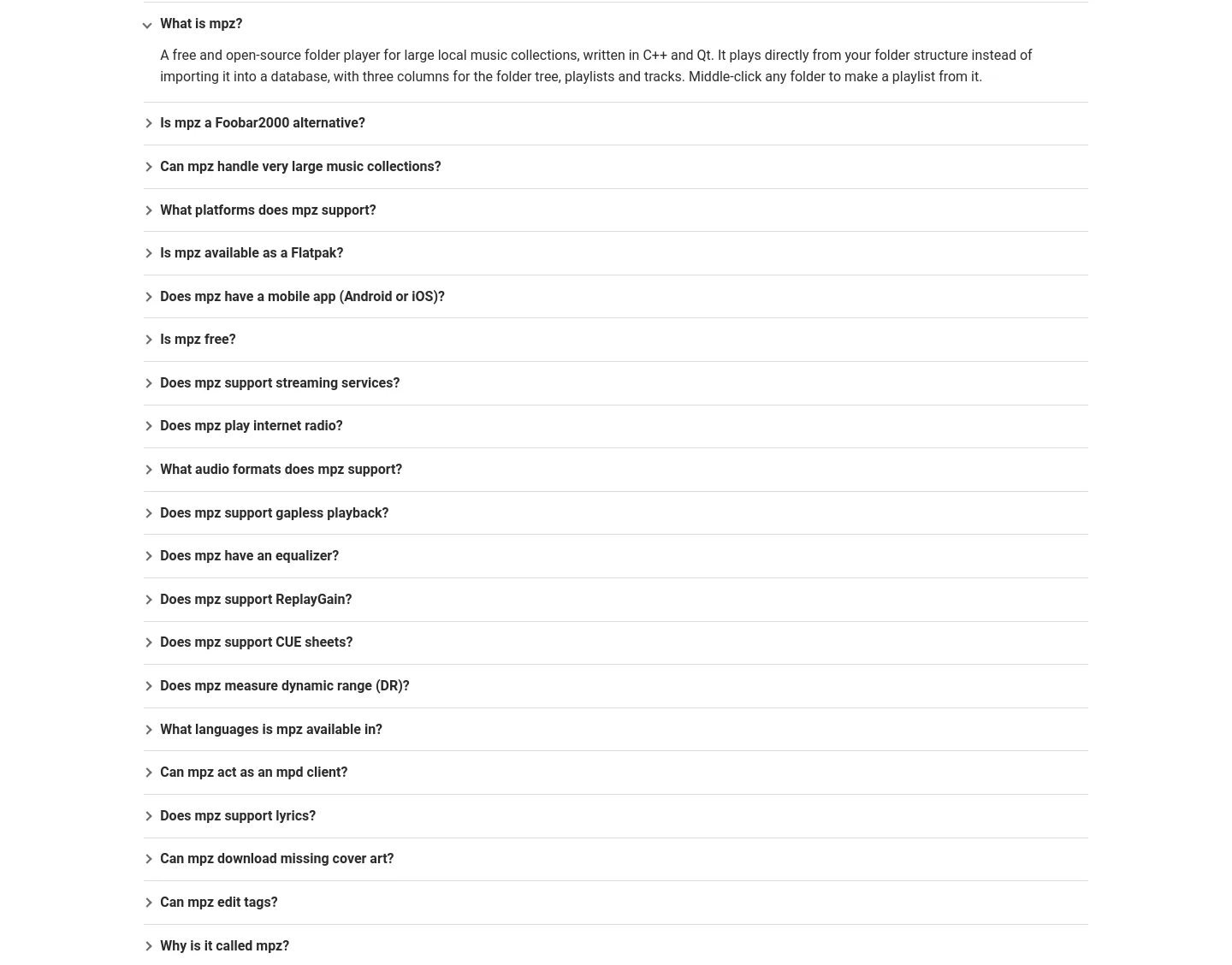 mpz-player.org — a real FAQ section