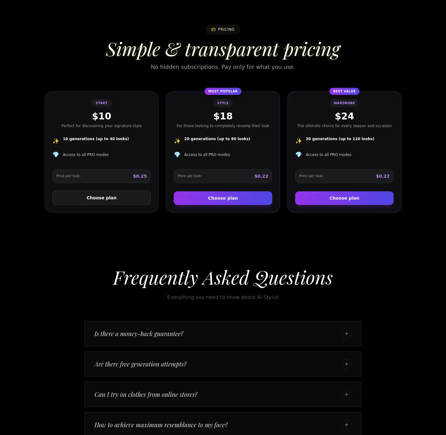 mybestlook.app — a real Pricing section