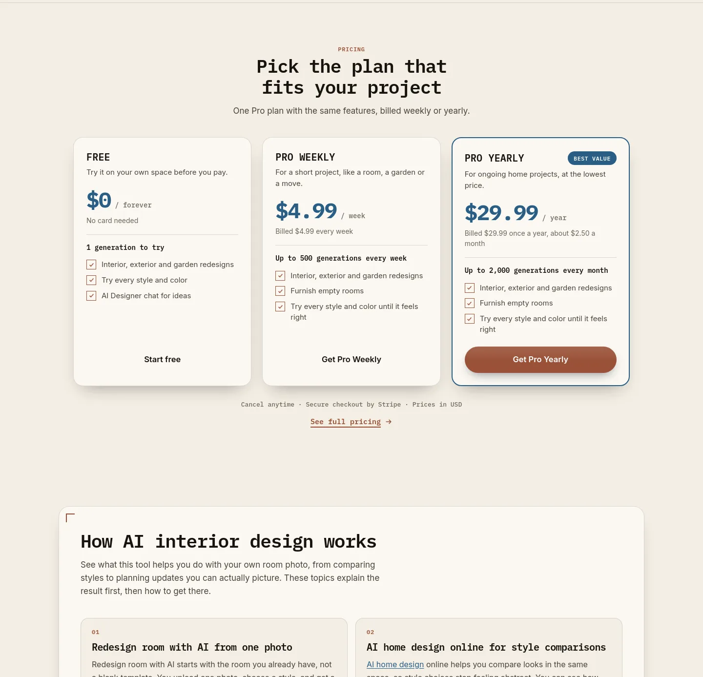 myroomdesign.ai Pricing section