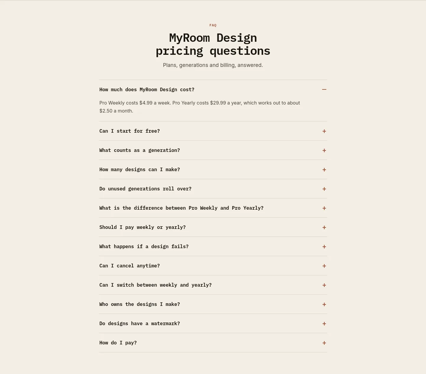 myroomdesign.ai FAQ section