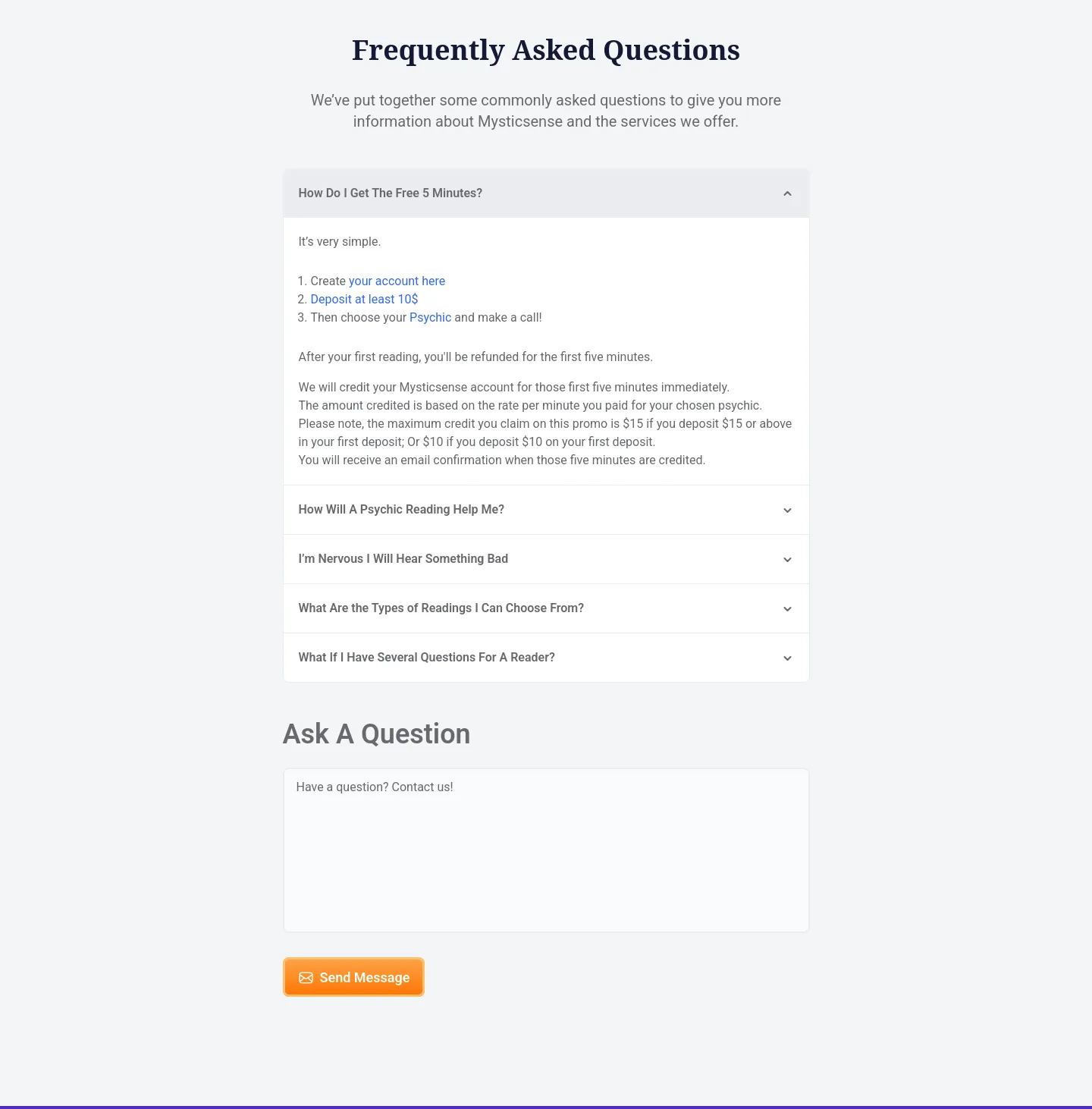 mysticsense.com — a real FAQ section