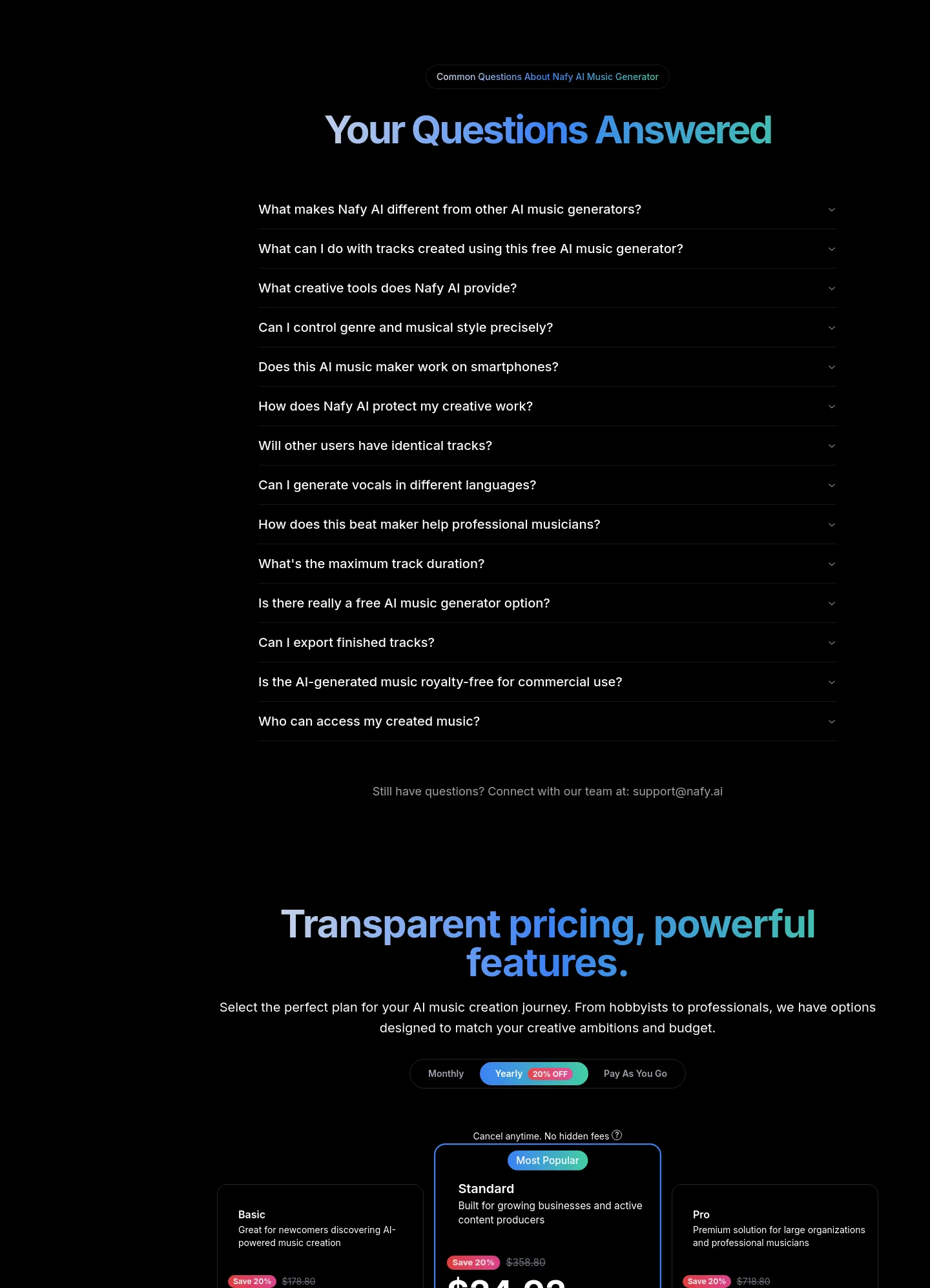 nafy.ai — a real FAQ section