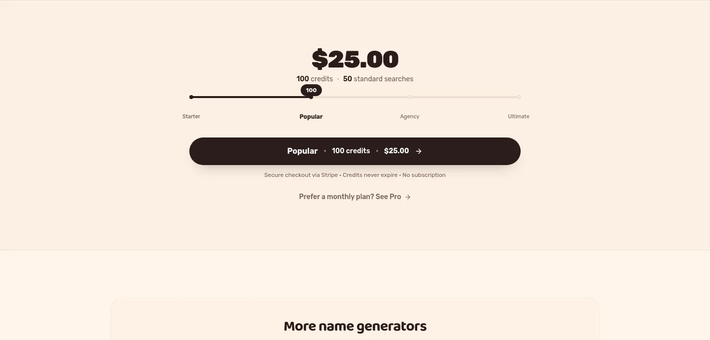 nametastic.com Pricing section