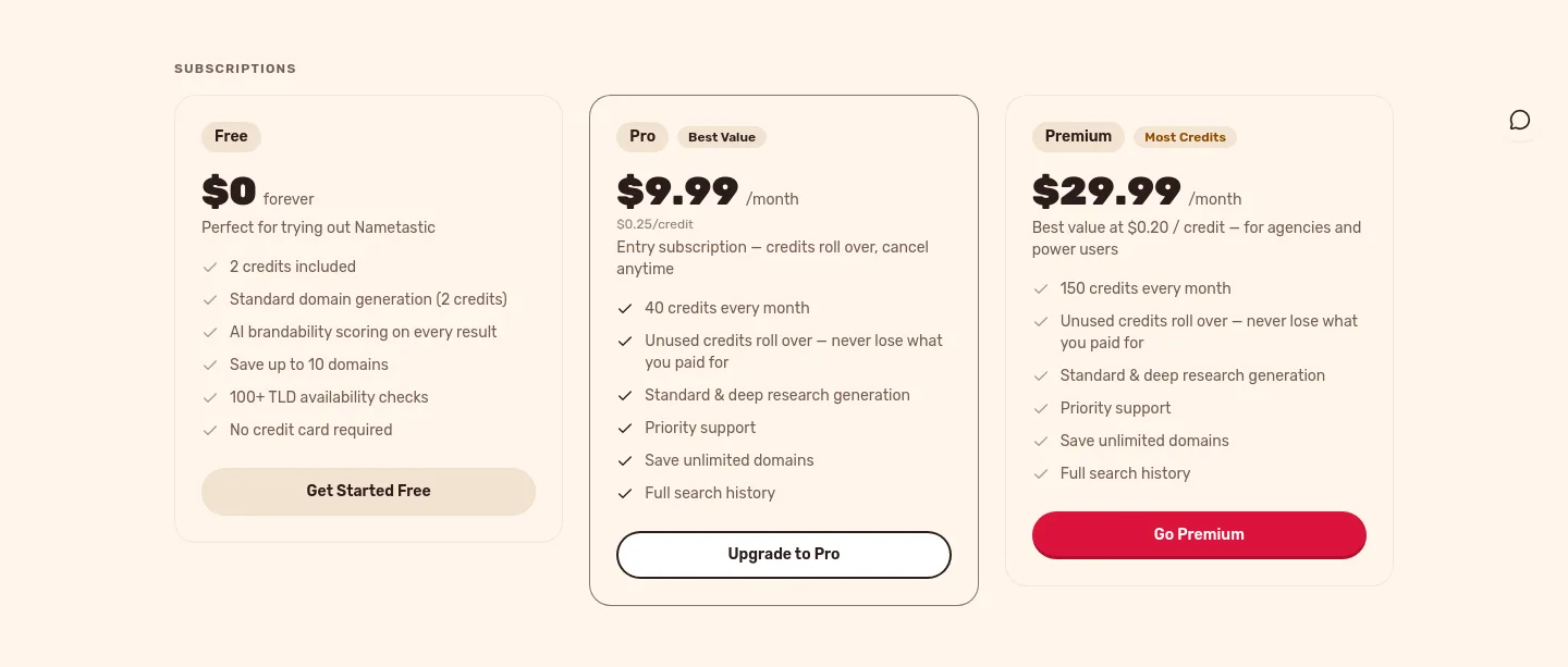 nametastic.com Pricing section