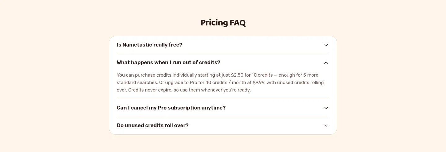 nametastic.com FAQ section