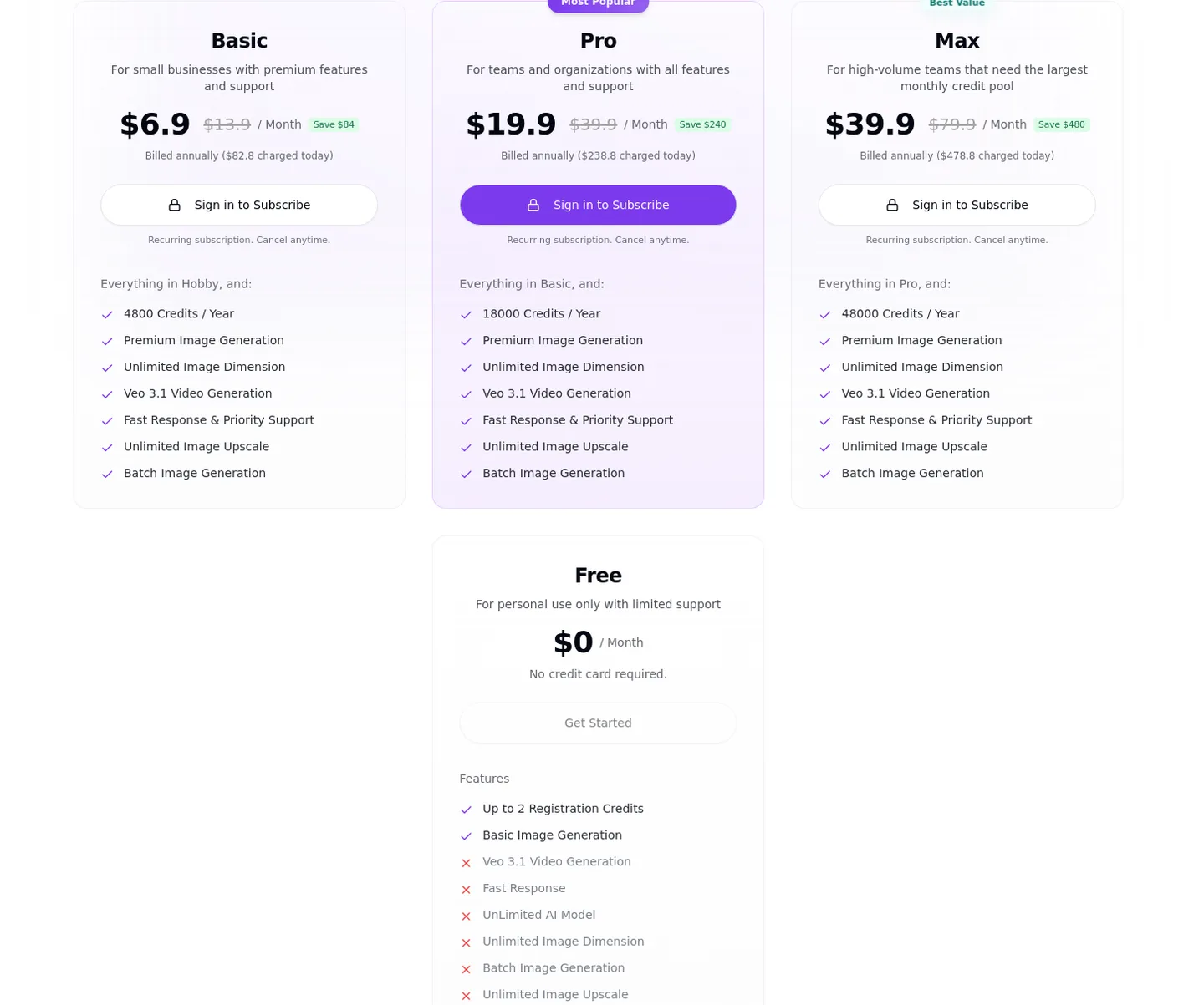 nano-banana-pro.ai Pricing section