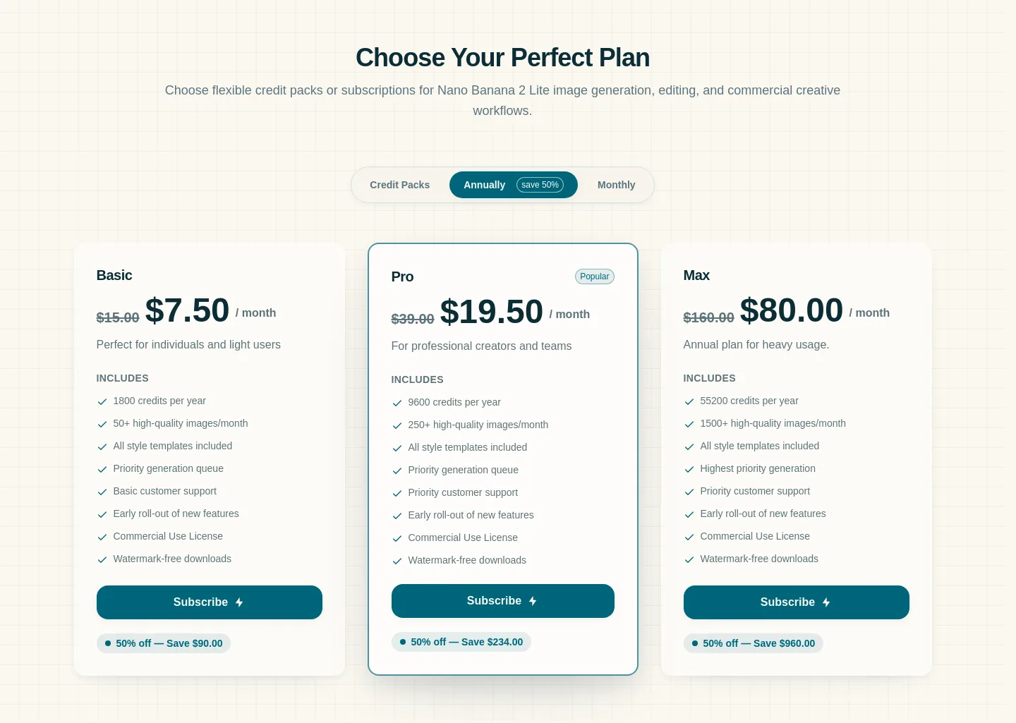 nanobananalite.app Pricing section