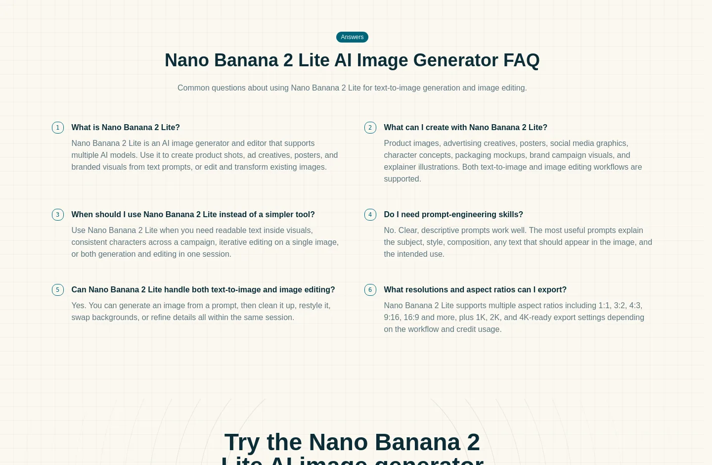 nanobananalite.app — a real FAQ section