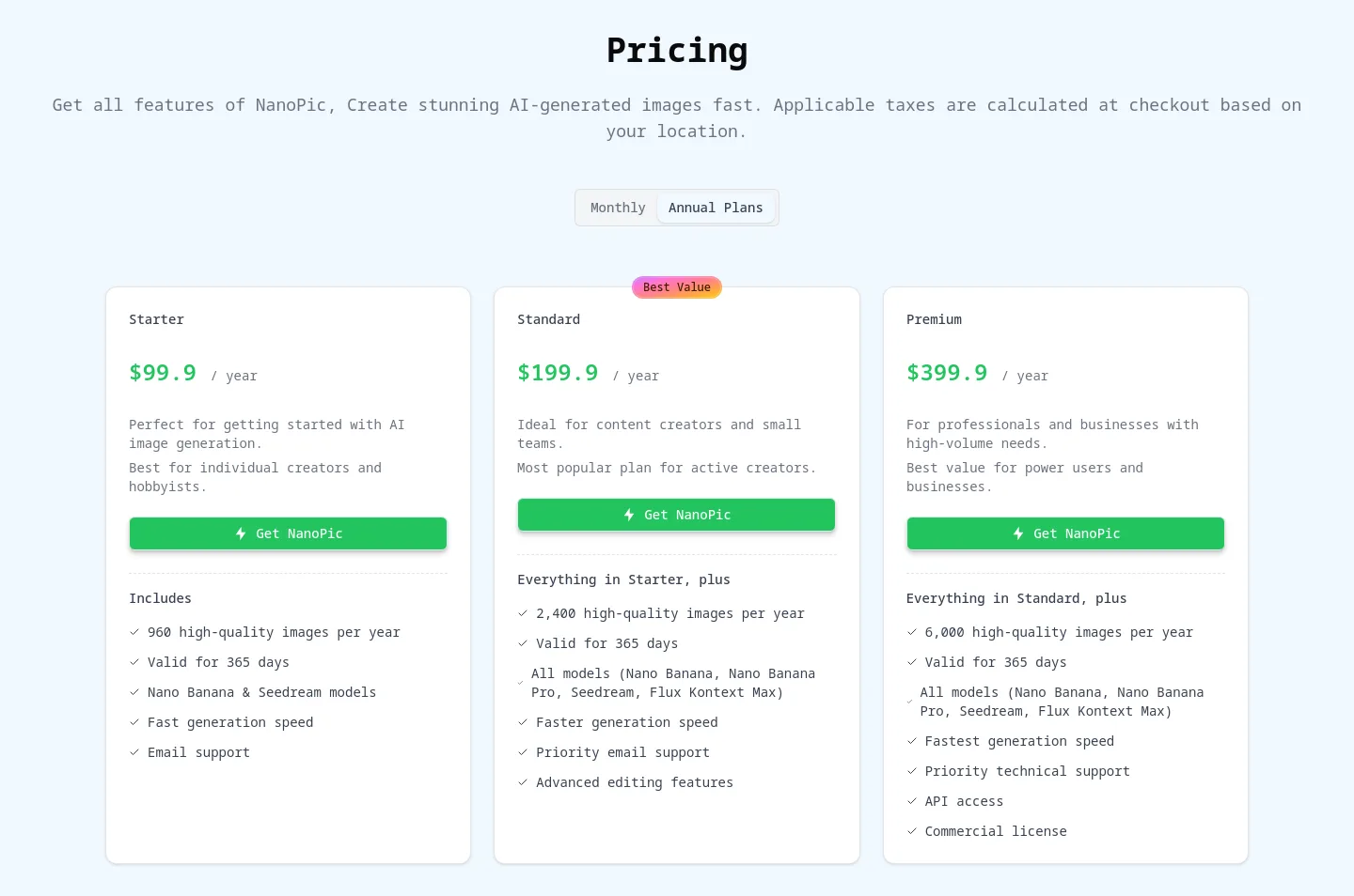 nanopic.net Pricing section