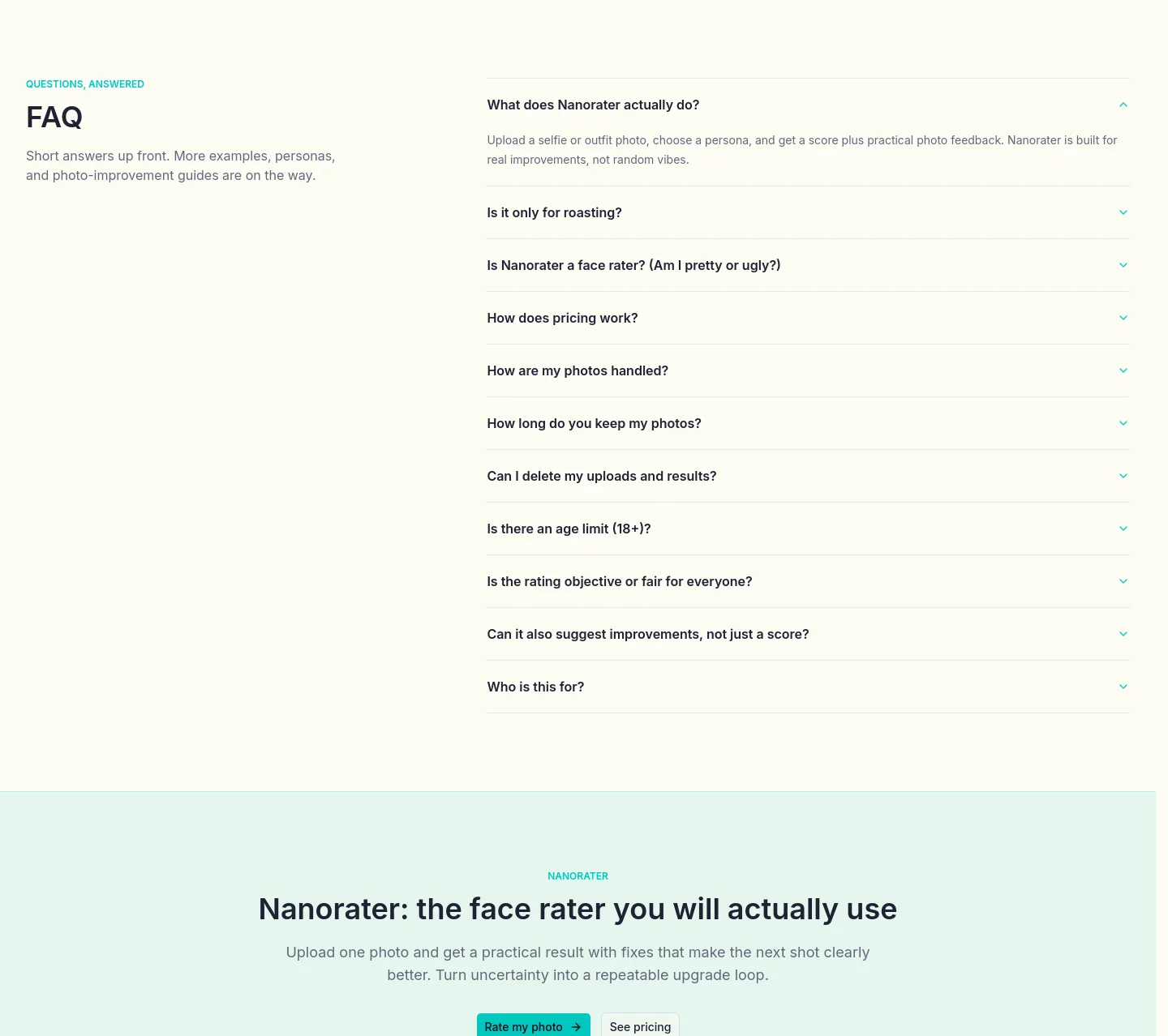 nanorater.com — a real FAQ section