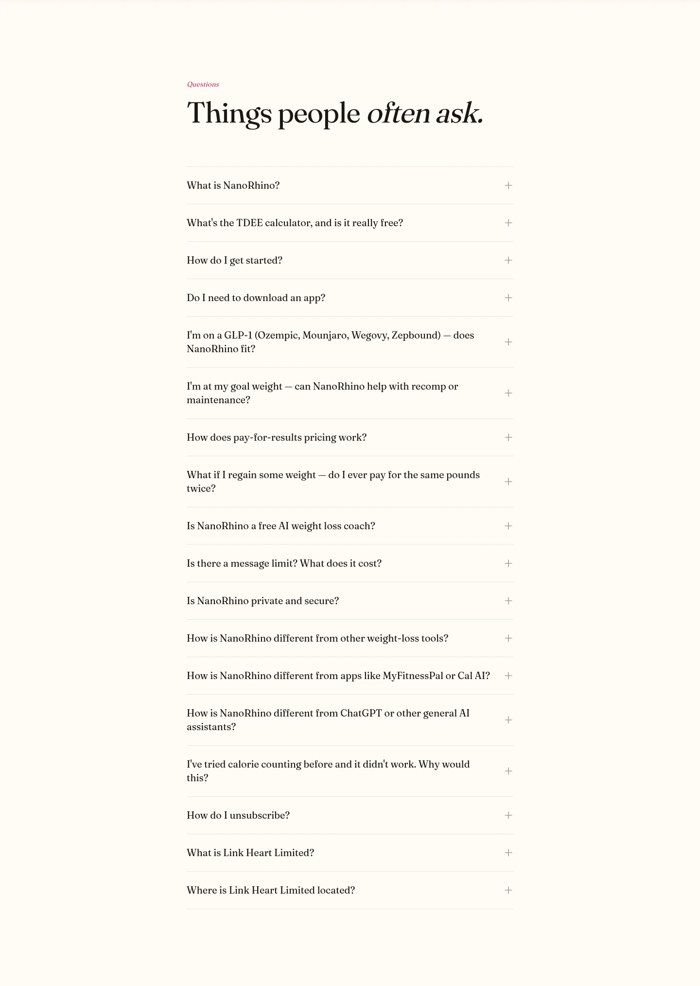 nanorhino.com — a real FAQ section