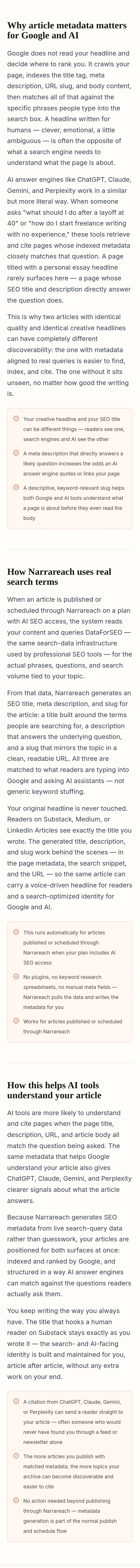 narrareach.com Features section