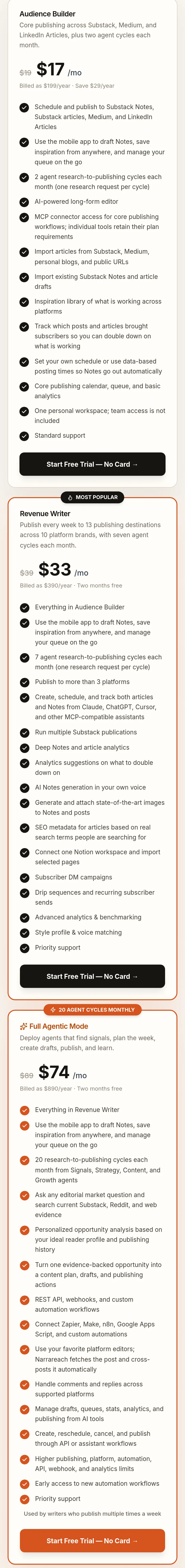 narrareach.com Pricing section