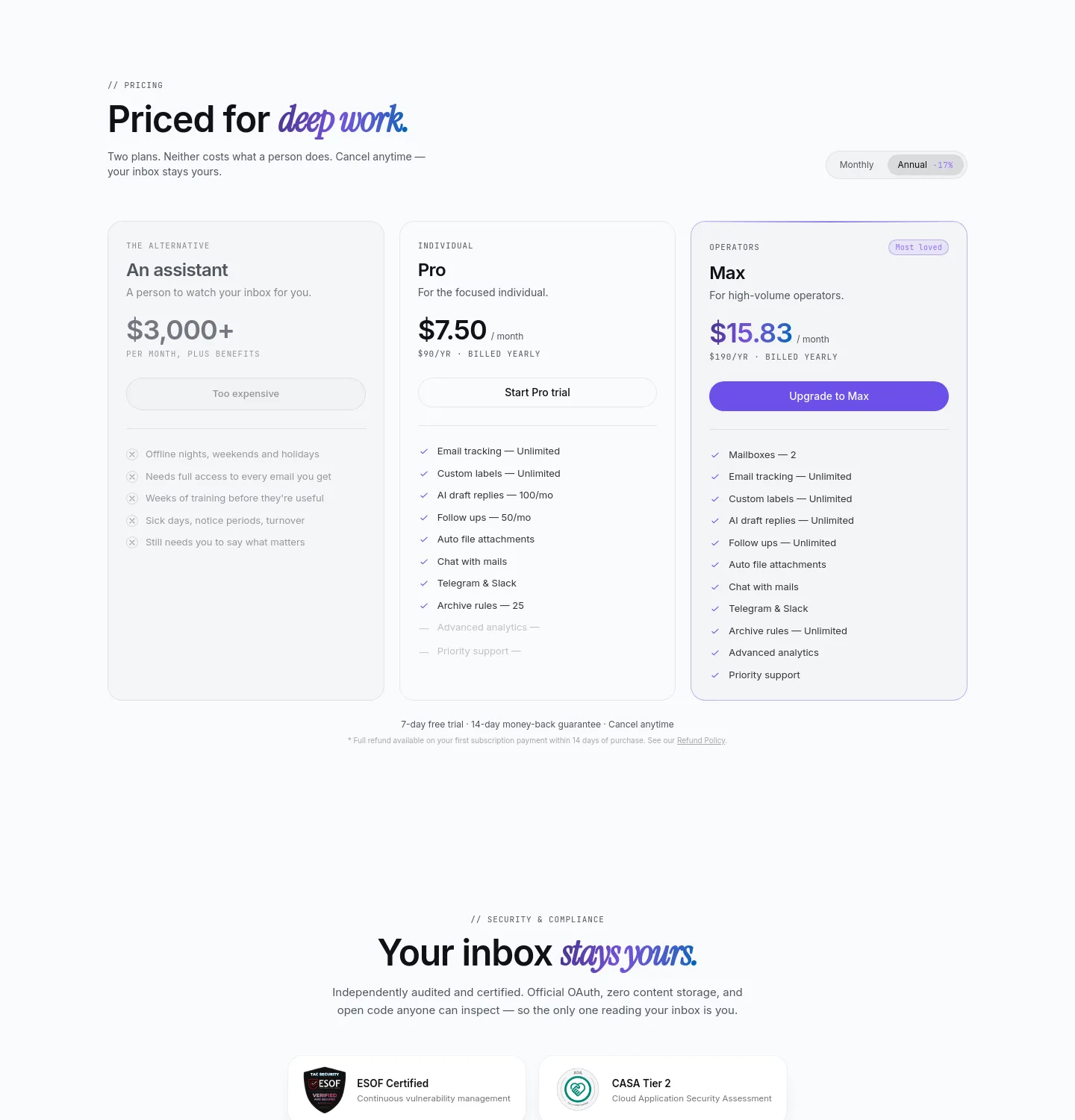 neatmail.app — a real Pricing section