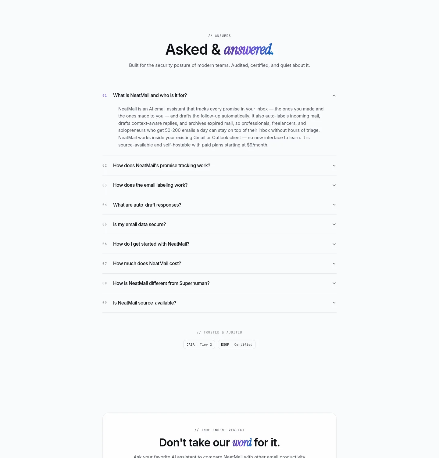 neatmail.app — a real FAQ section