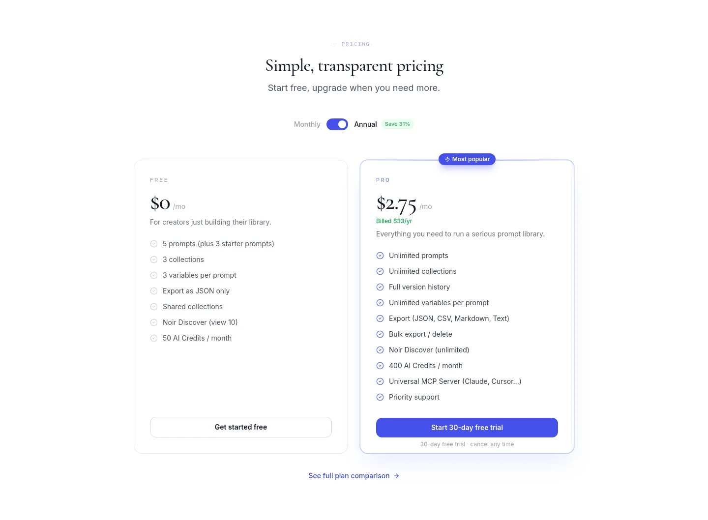 noirprompt.com Pricing section