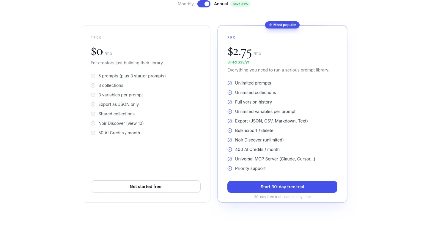 noirprompt.com Pricing section