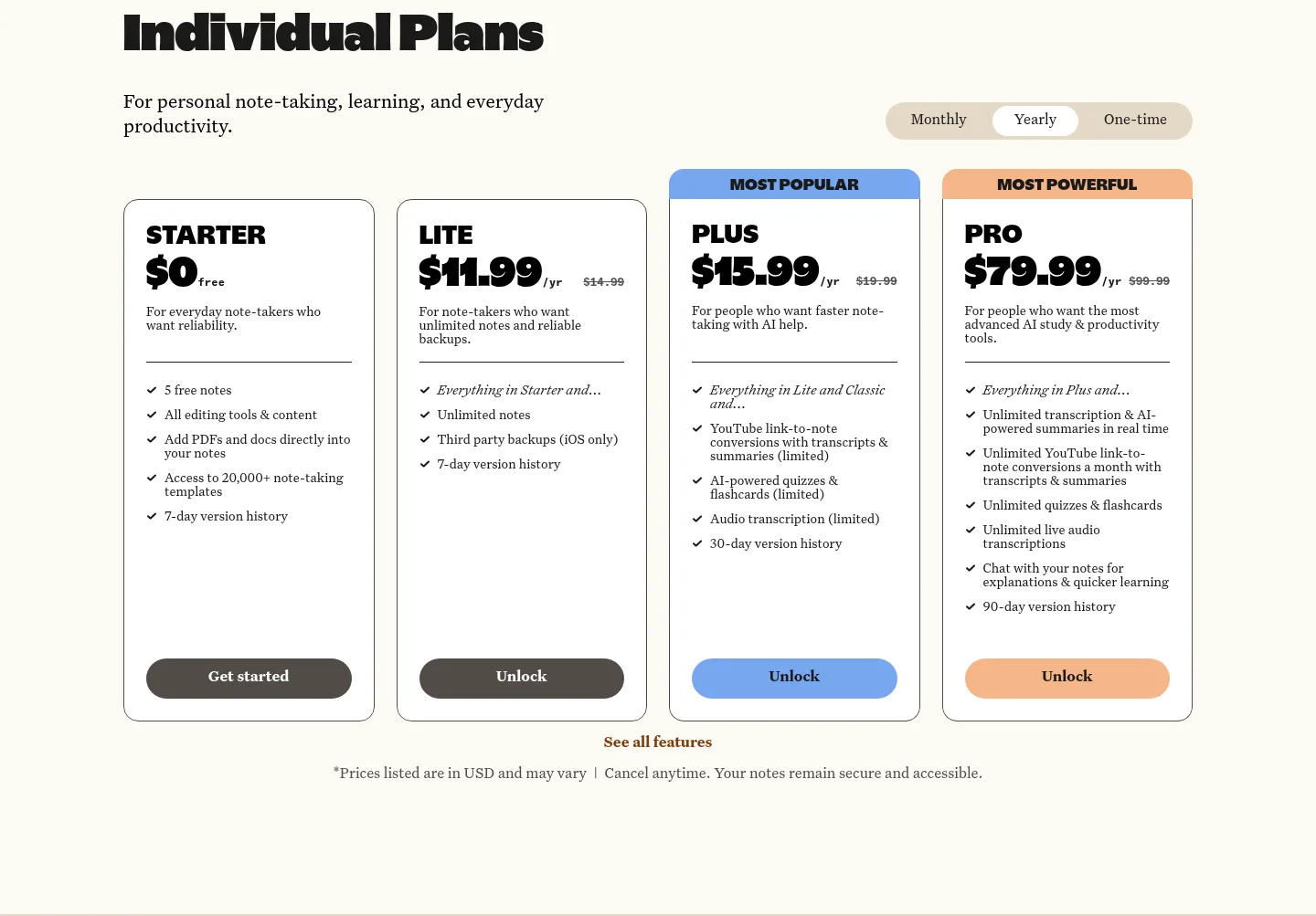notability.com — a real Pricing section
