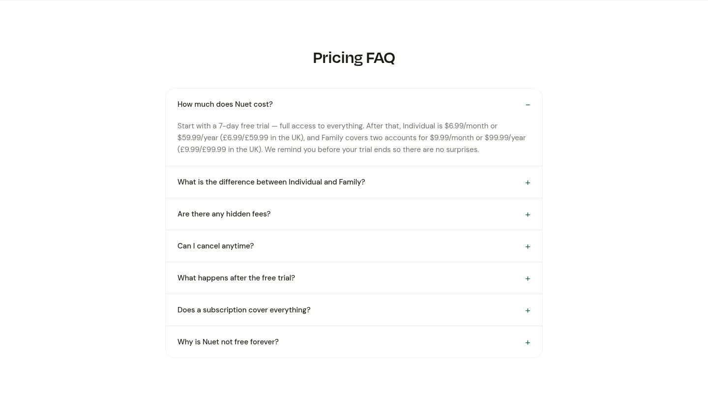 nuet.ai — a real FAQ section