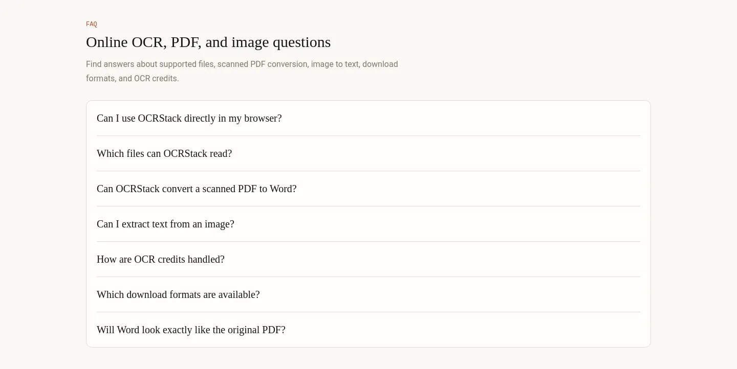 ocrstack.com — a real FAQ section