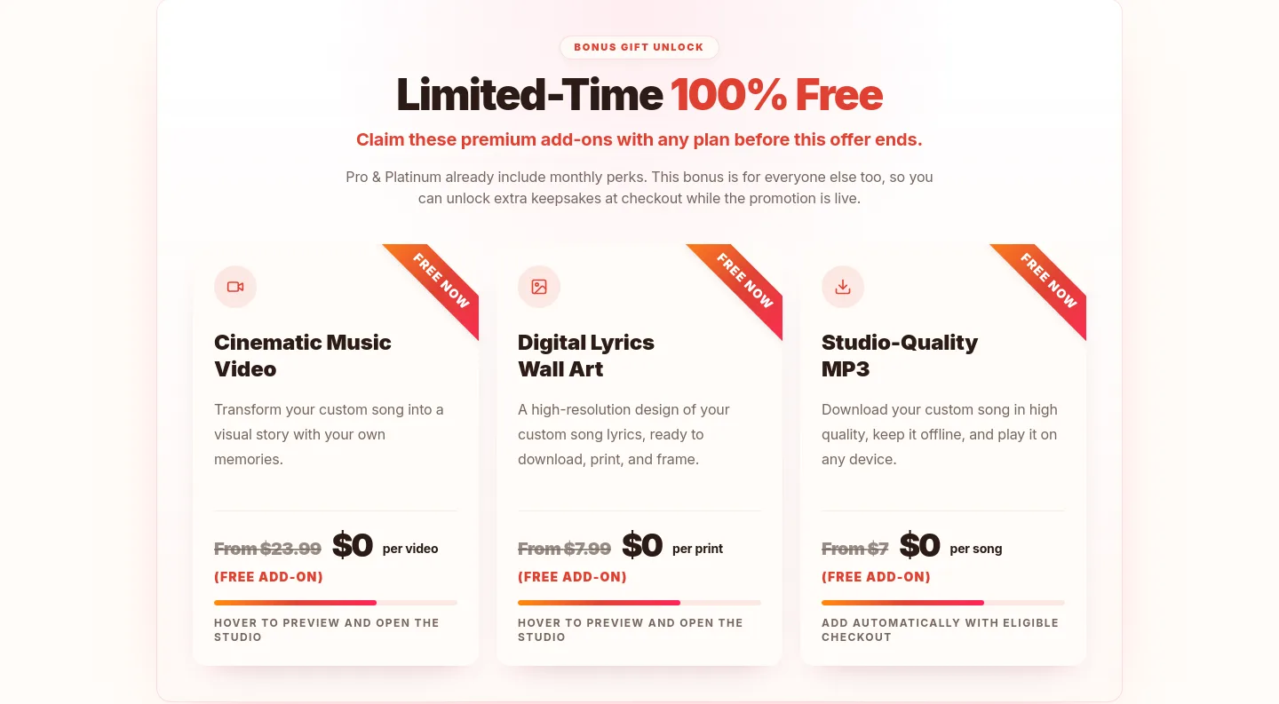 onecustomsong.com Pricing section