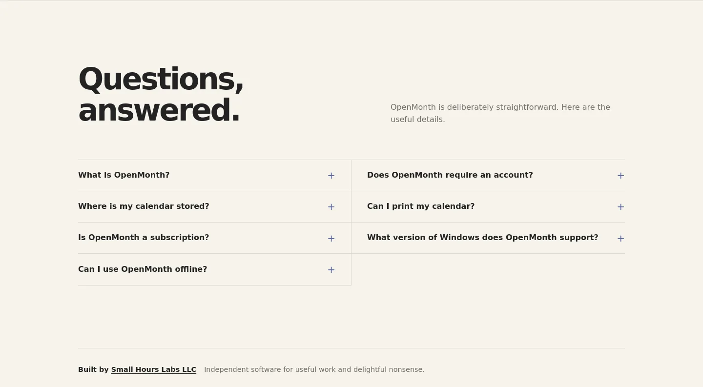 openmonth.app — a real FAQ section