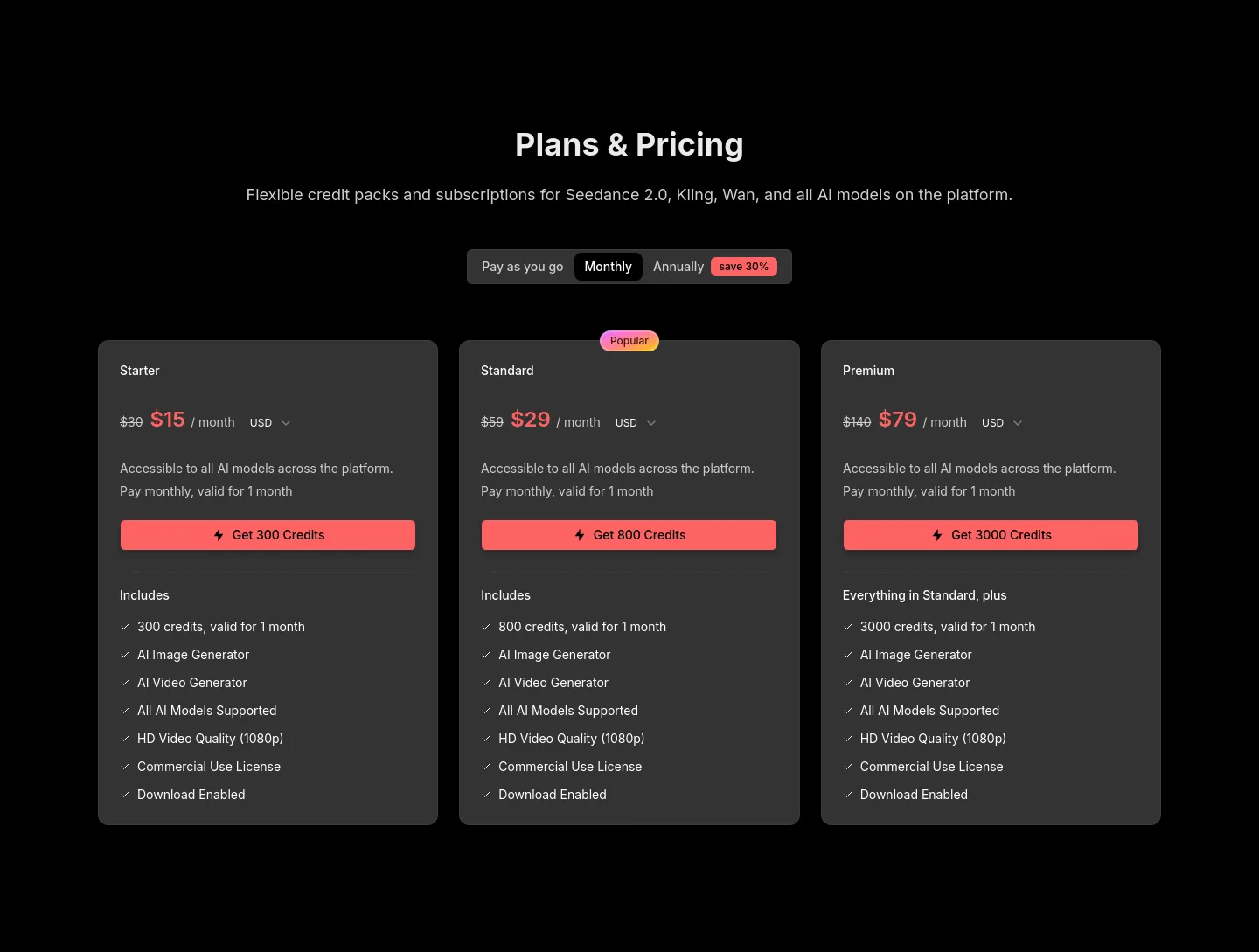 openseedance.org Pricing section