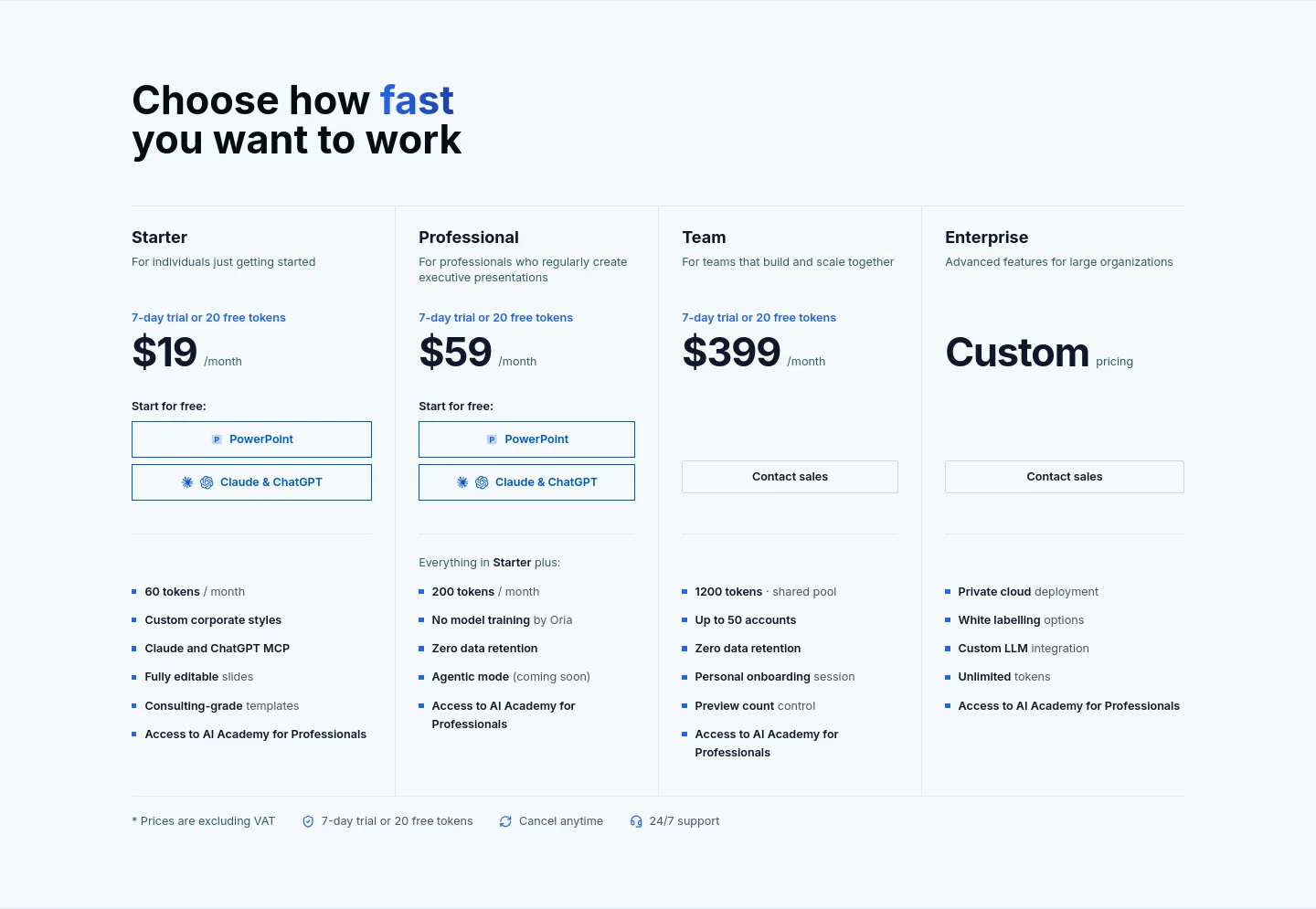 oria.one Pricing section
