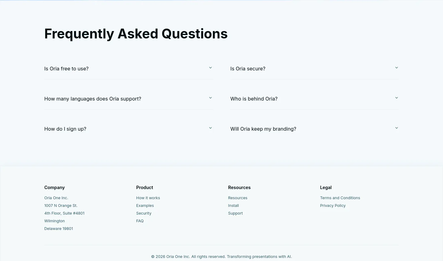 oria.one — a real FAQ section