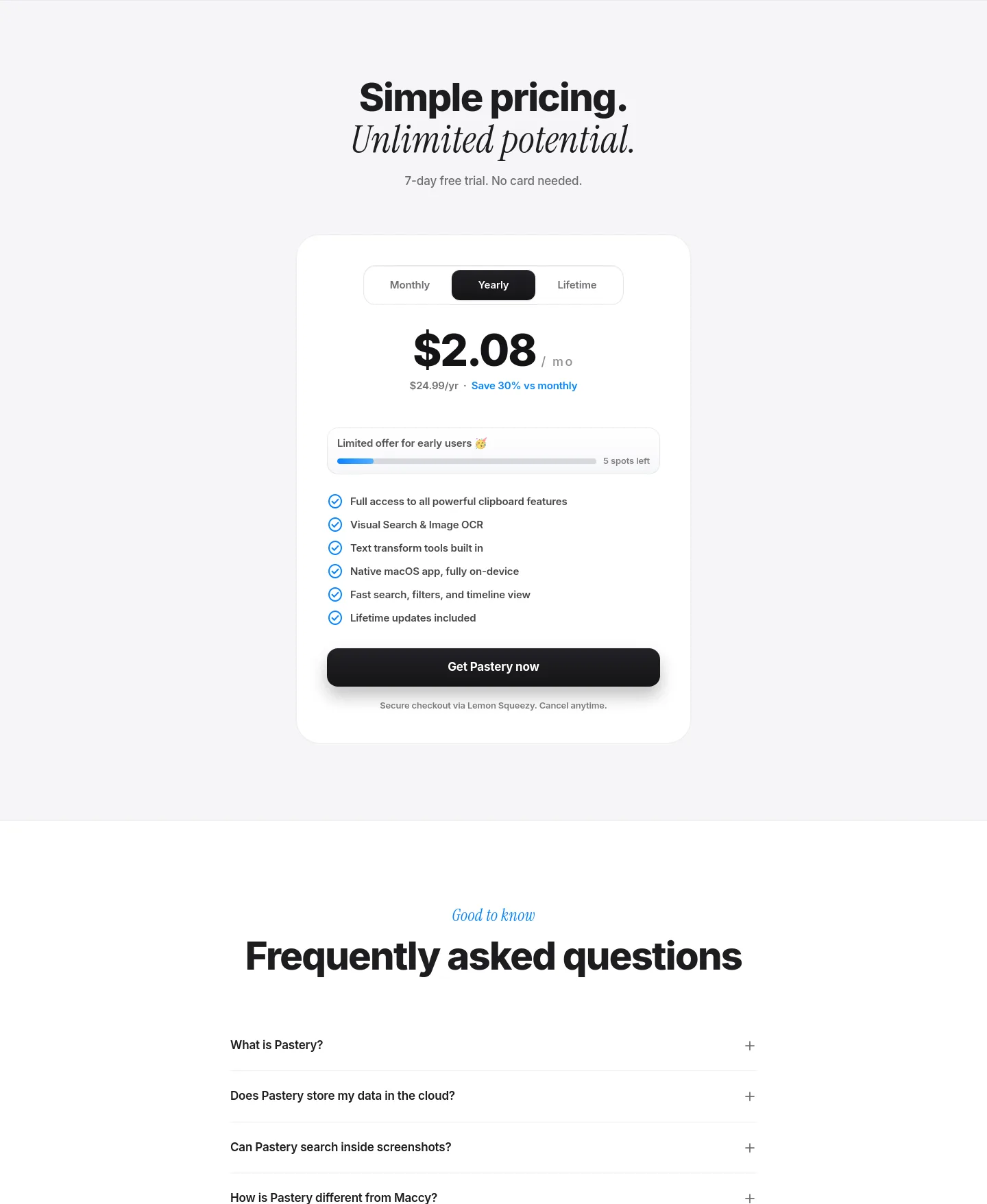 pasteryapp.com Pricing section