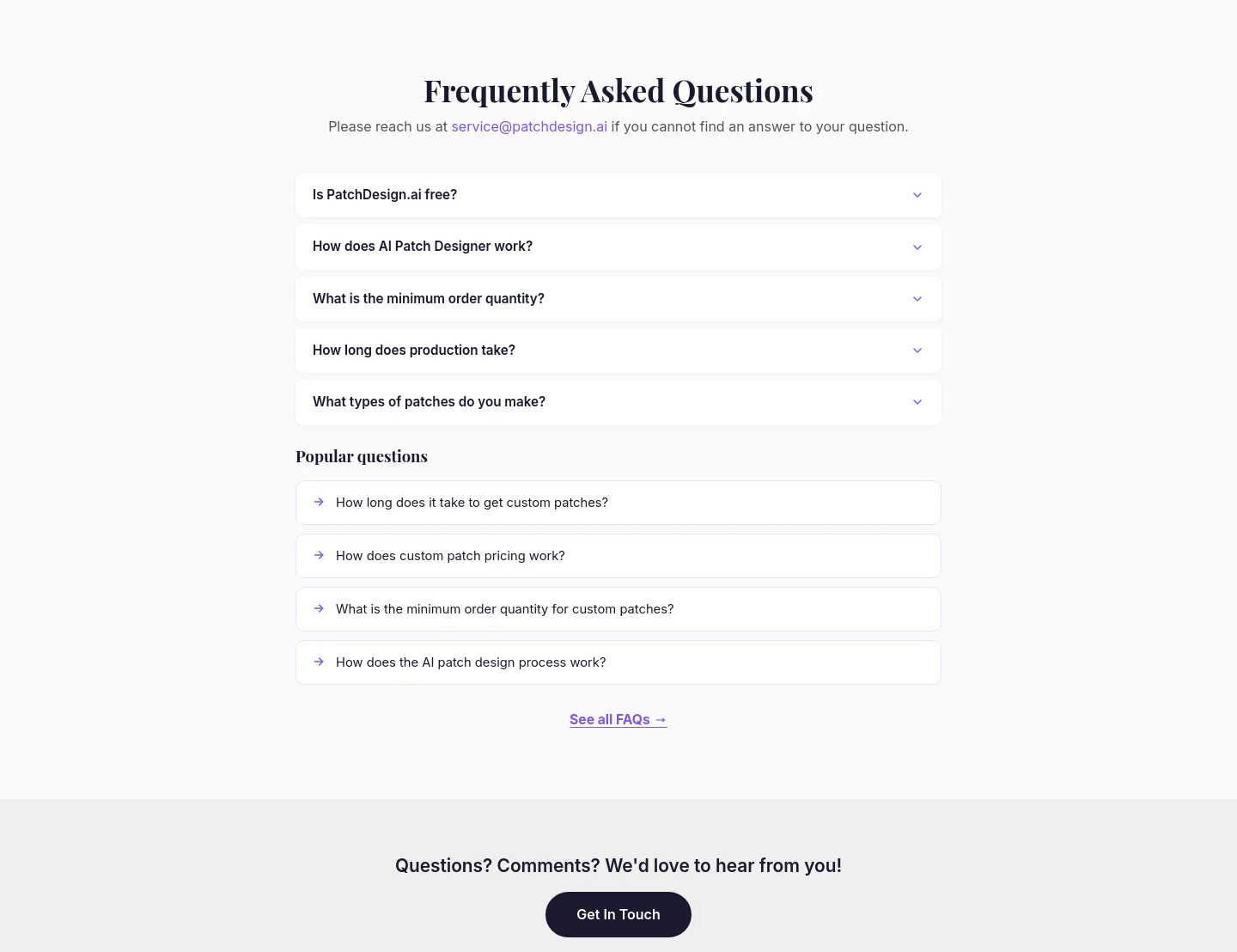 patchdesign.ai — a real FAQ section