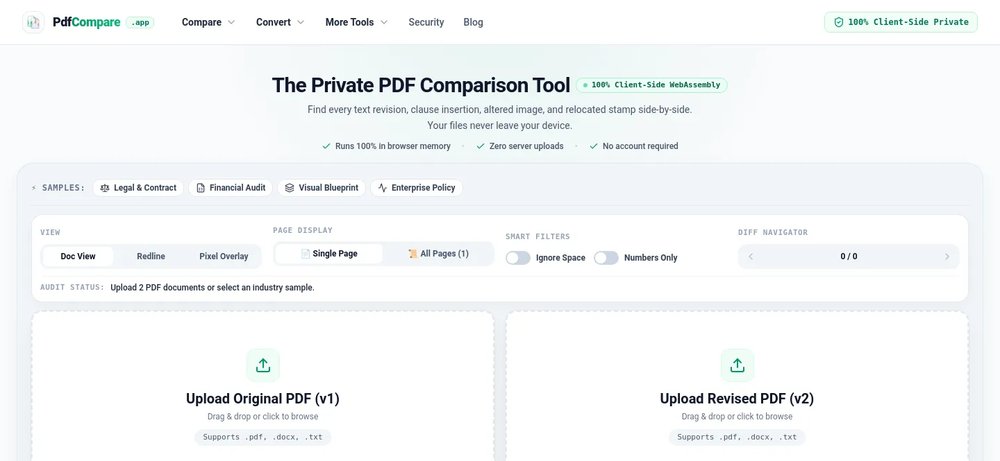 pdfcompare.app — Hero + Comparison + FAQ