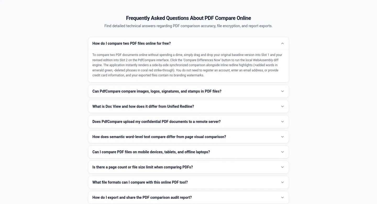 pdfcompare.app — a real FAQ section