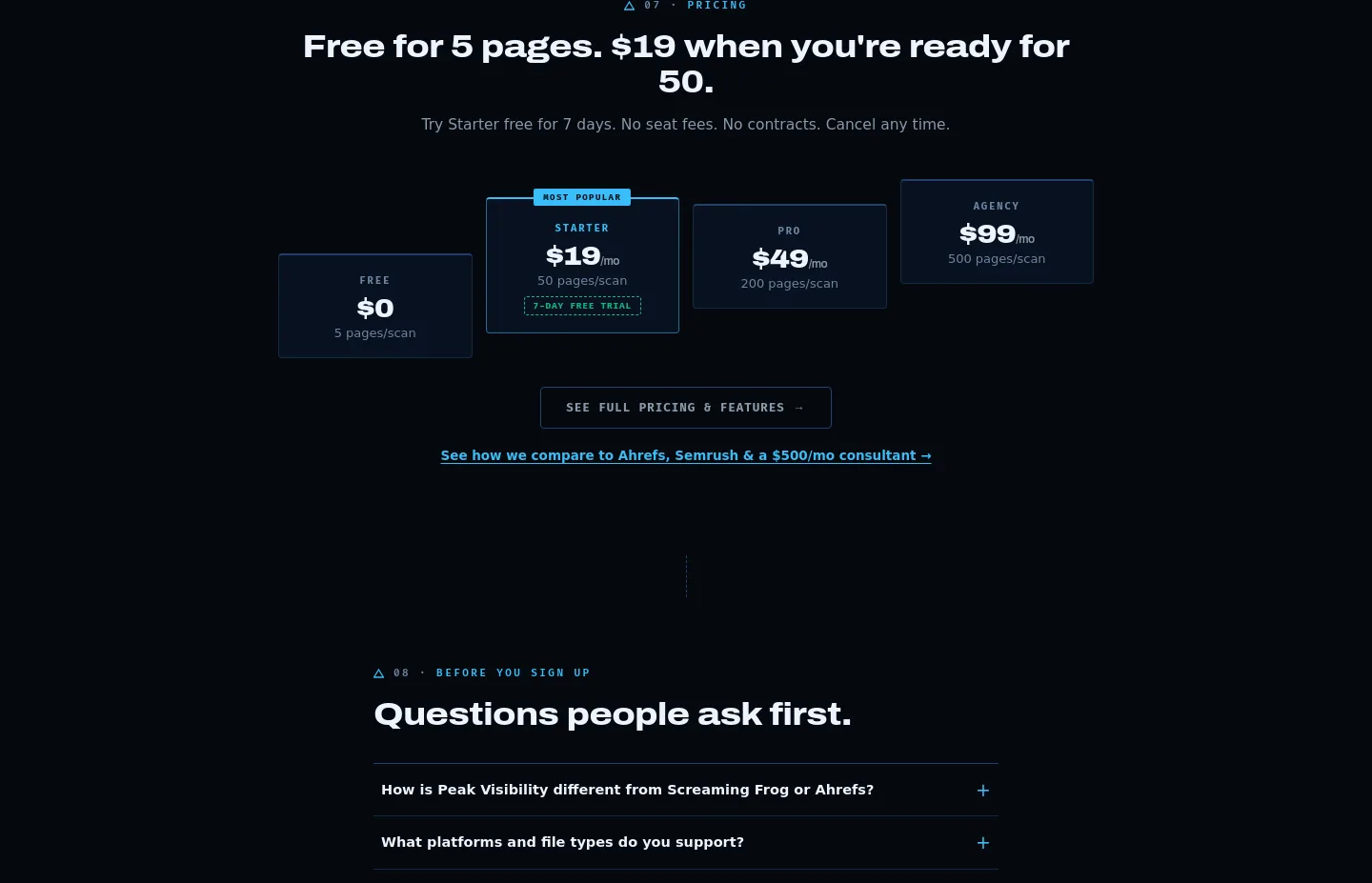 peakvisibility.io Pricing section