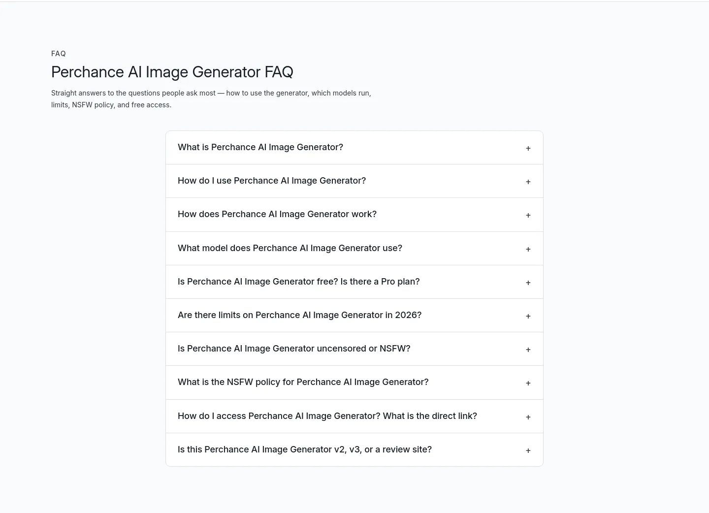 perchanceaiimagegenerator.app — a real FAQ section