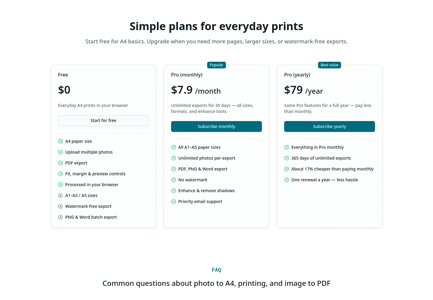 phototoa4.com Pricing section