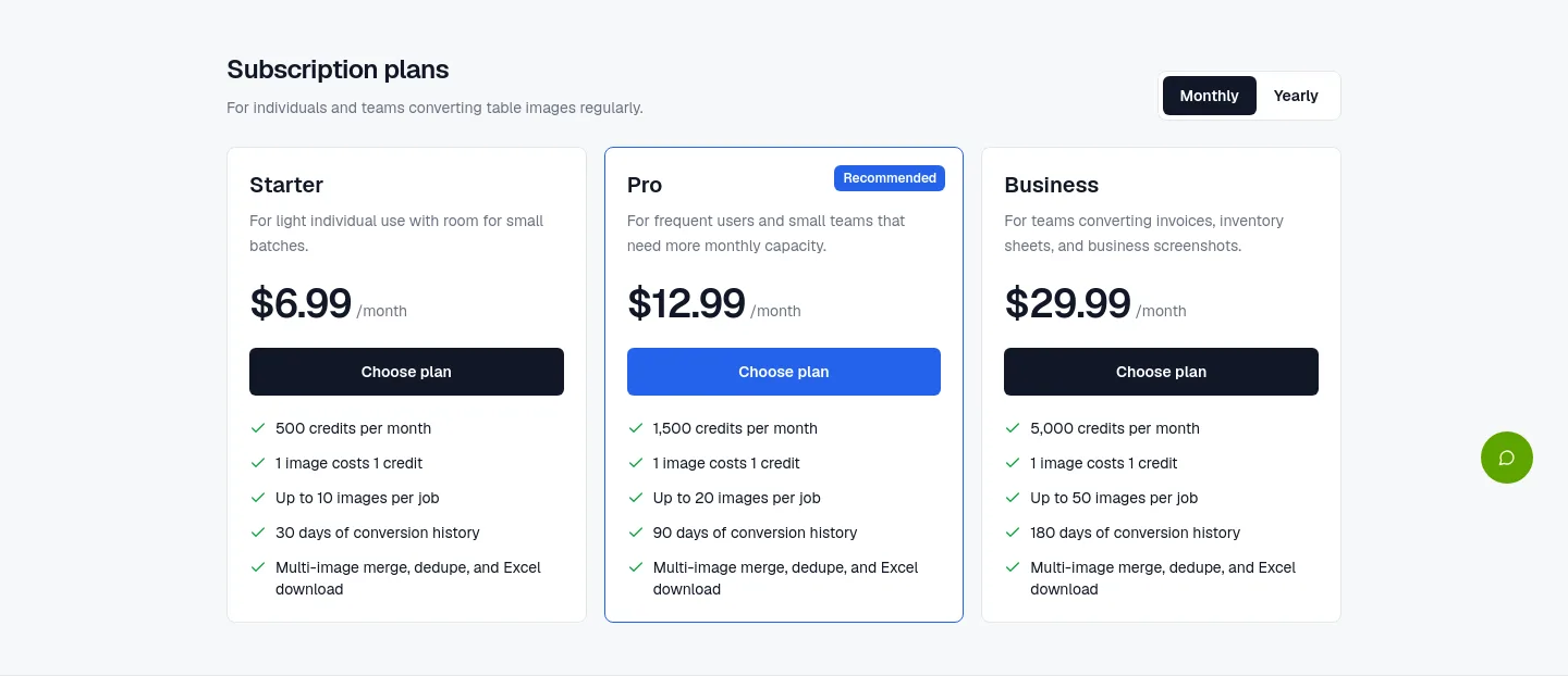 phototoexcel.info Pricing section