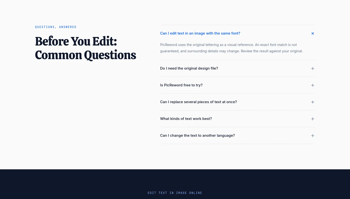 picreword.com — a real FAQ section