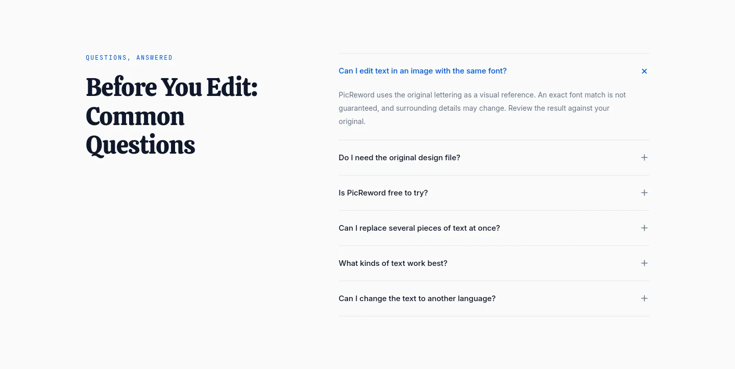 picreword.com — a real FAQ section