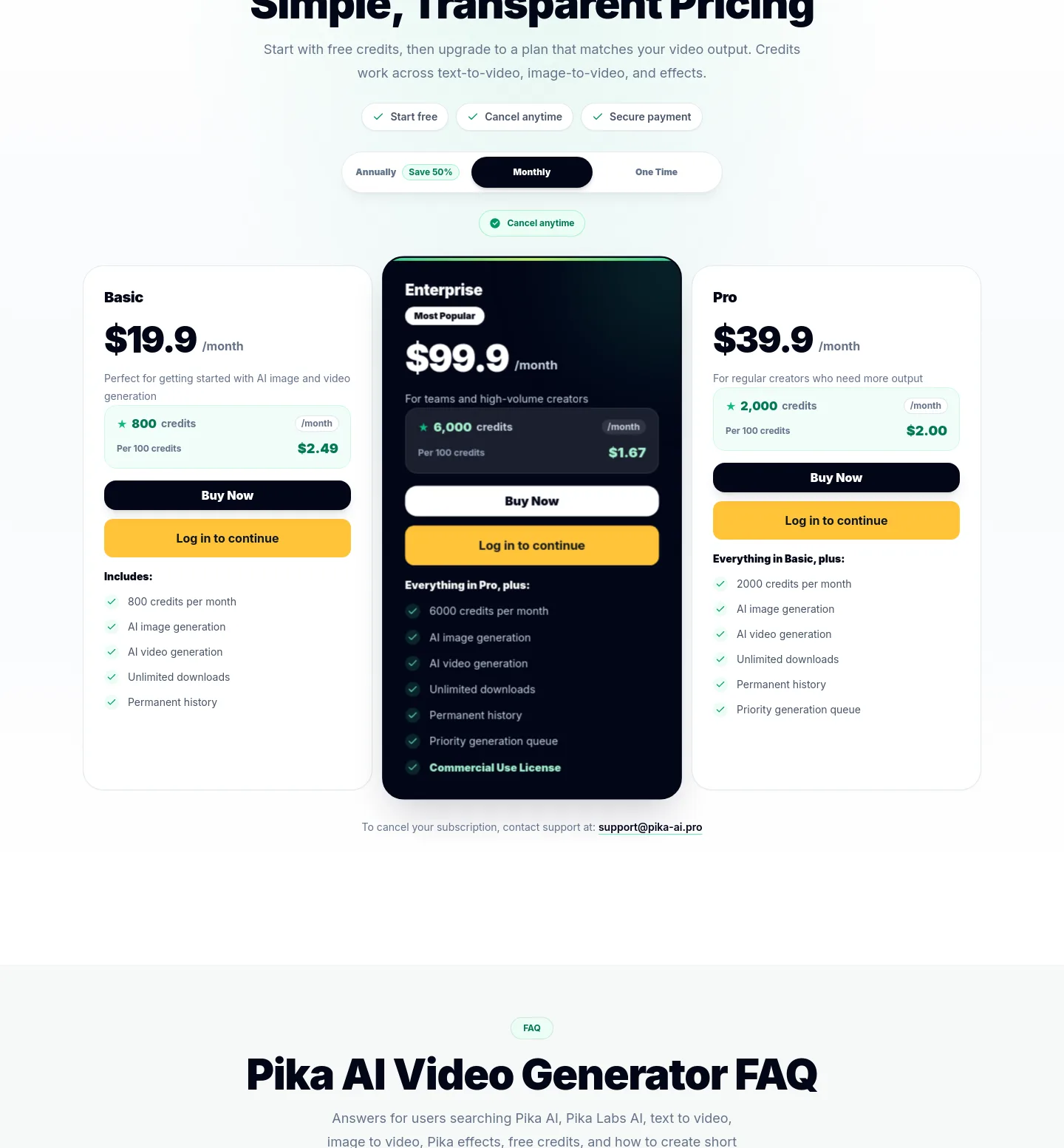 pika-ai.pro — a real Pricing section
