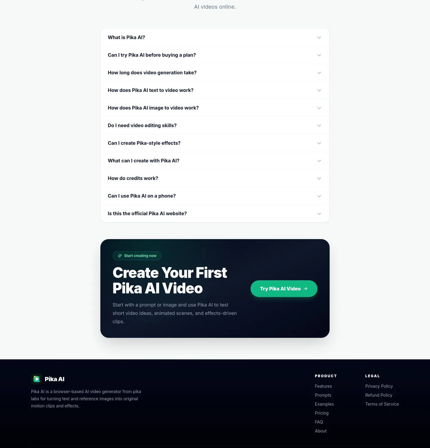 pika-ai.pro — a real FAQ section