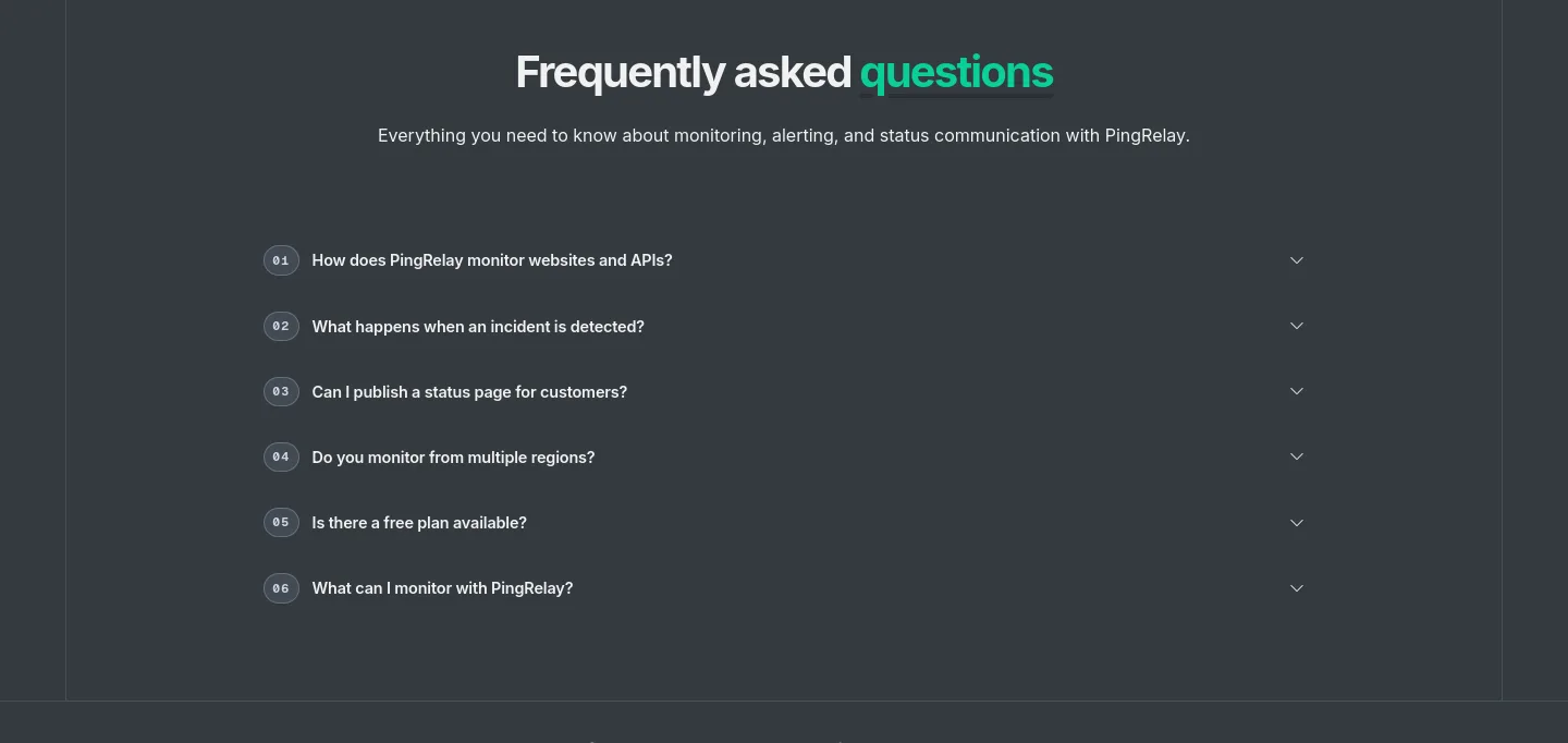 pingrelay.com FAQ section