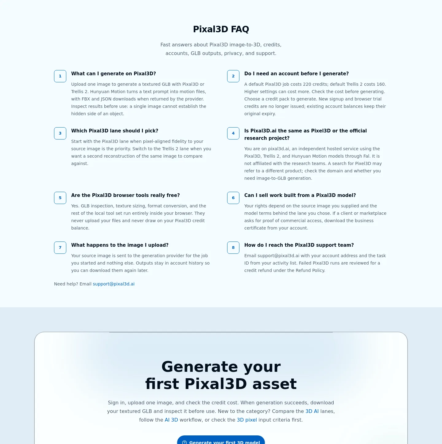 pixal3d.ai — a real FAQ section