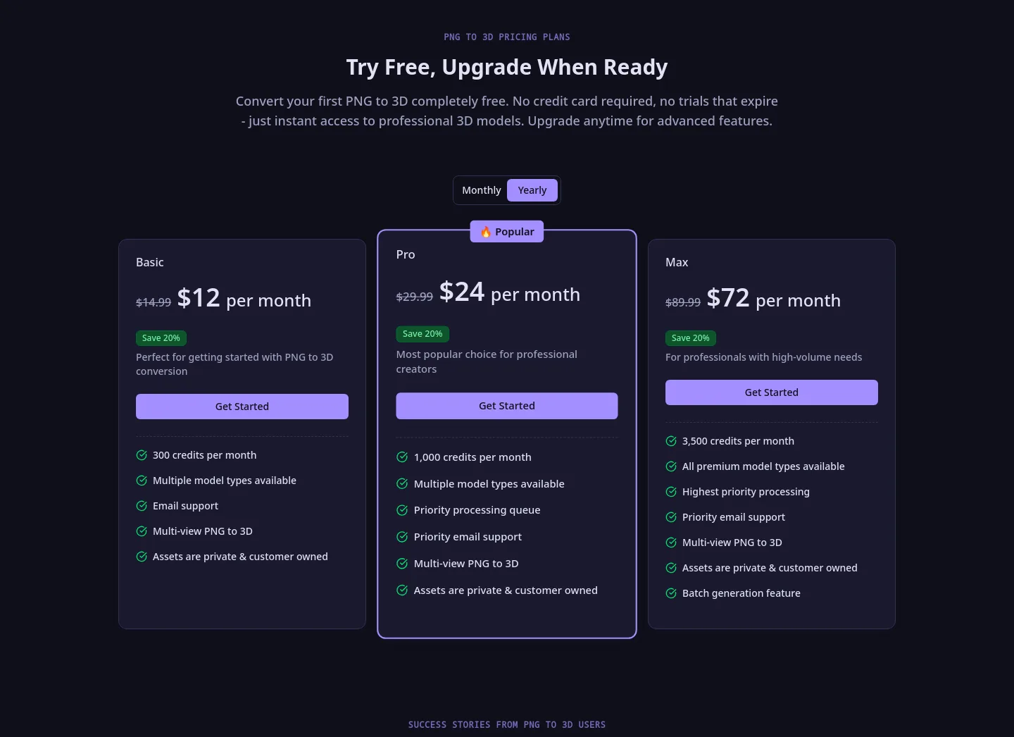 pngto3d.org Pricing section